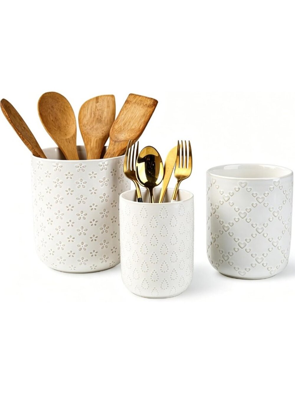 Farmhouse Ceramic Utensil Holder - Large White Crock for Kitchen Organization